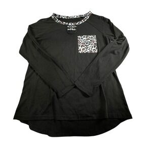 Unbranded Women's Black Long Sleeve Top Size Medium Leopard Print Trim & Pocket
